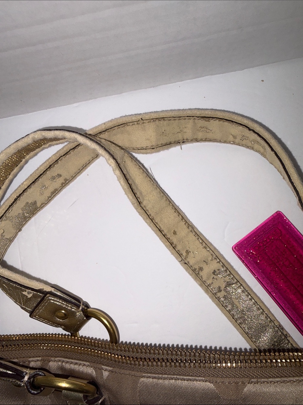 Coach Tan Signature Canvas Shoulder Bag with Gold Hardware, Glitters Pink Charm - Picture 7 of 7